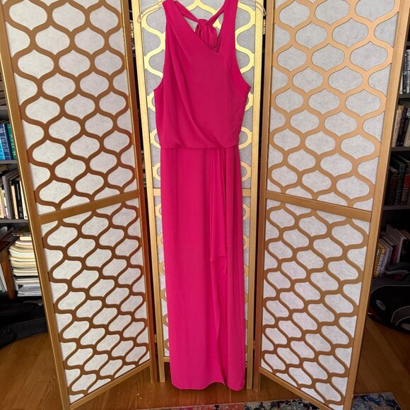 Halston Size 2 Fuchsia Azalea Asymmetric Draped Sleeveless Tie Back Maxi Gown - Picture 3 of 16